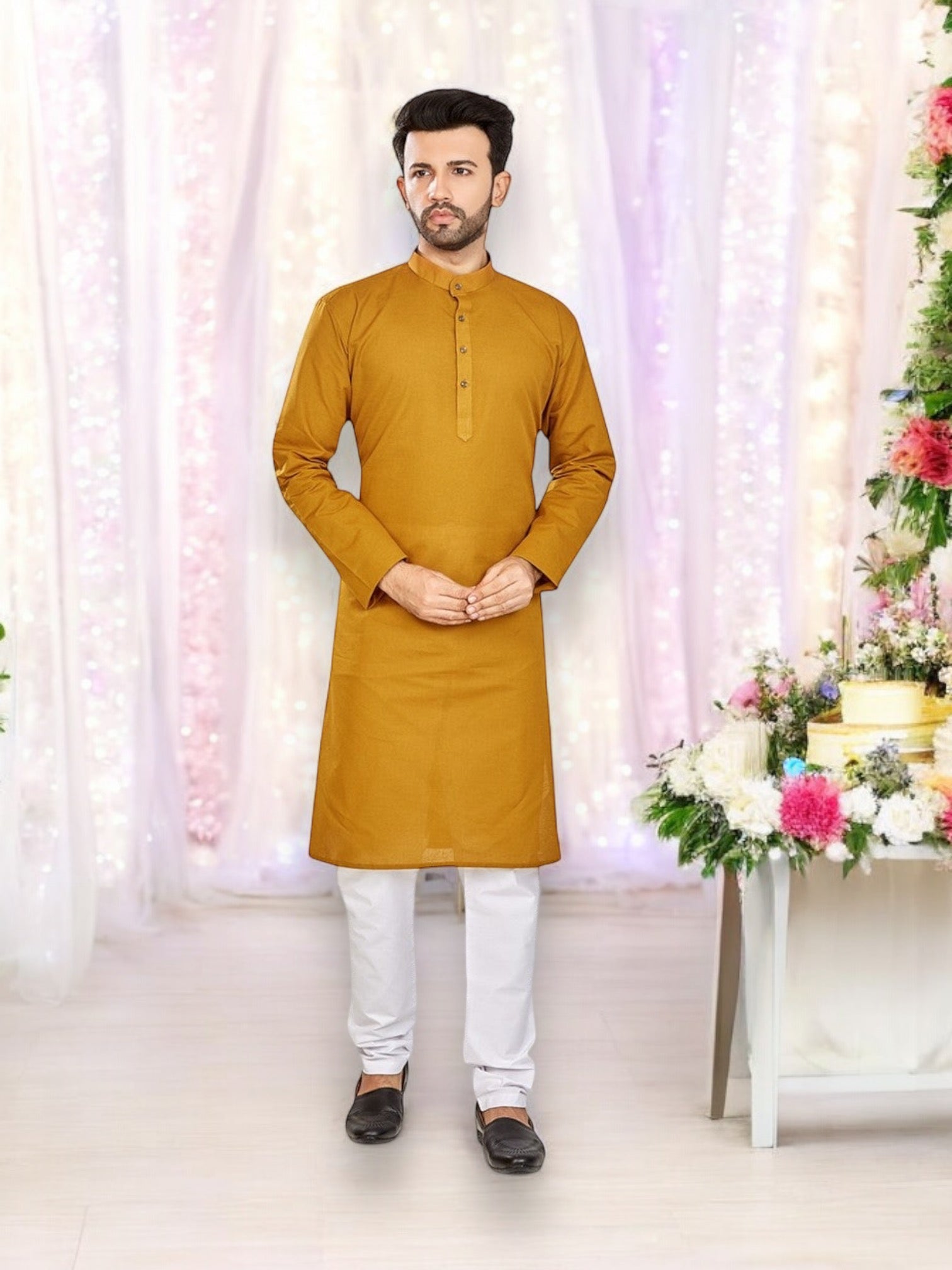 Mustard festive wear men's kurta pajama by Saree Ghor Charlotte, traditional ethnic dress for celebration occasions.