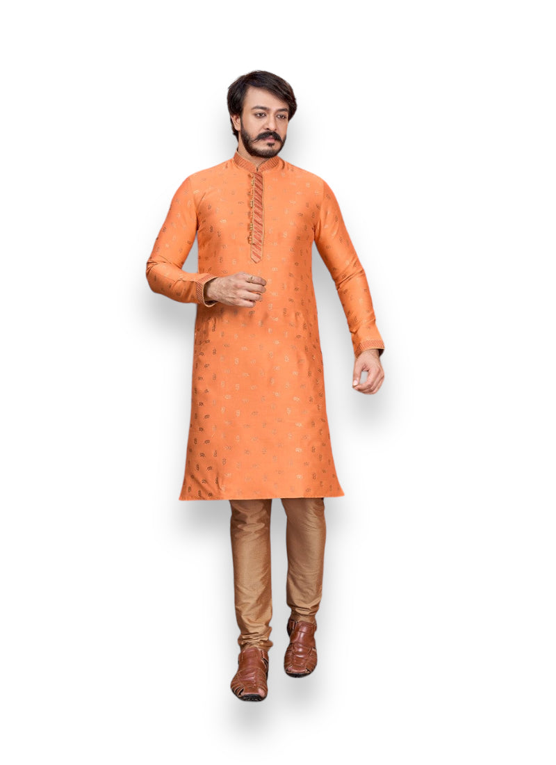 Orange Delight men's Jacquard silk kurta and pajama set by Saree Ghor Charlotte, perfect for festive cultural occasions.