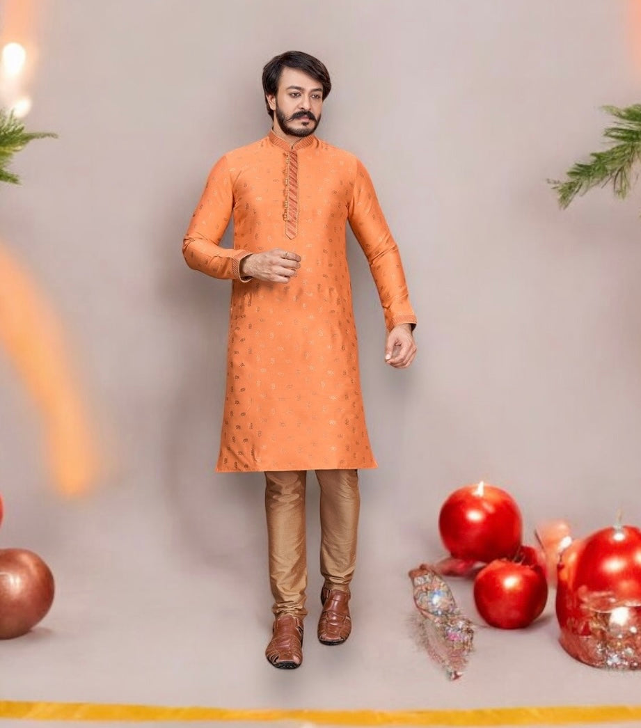 Orange Delight men's Jacquard silk kurta and pajama set by Saree Ghor Charlotte, ideal for festive cultural wear.