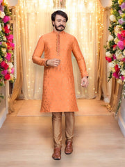 Orange Delight men's party wear Jacquard silk Kurta Pajama by Saree Ghor Charlotte, featuring vibrant ethnic design.