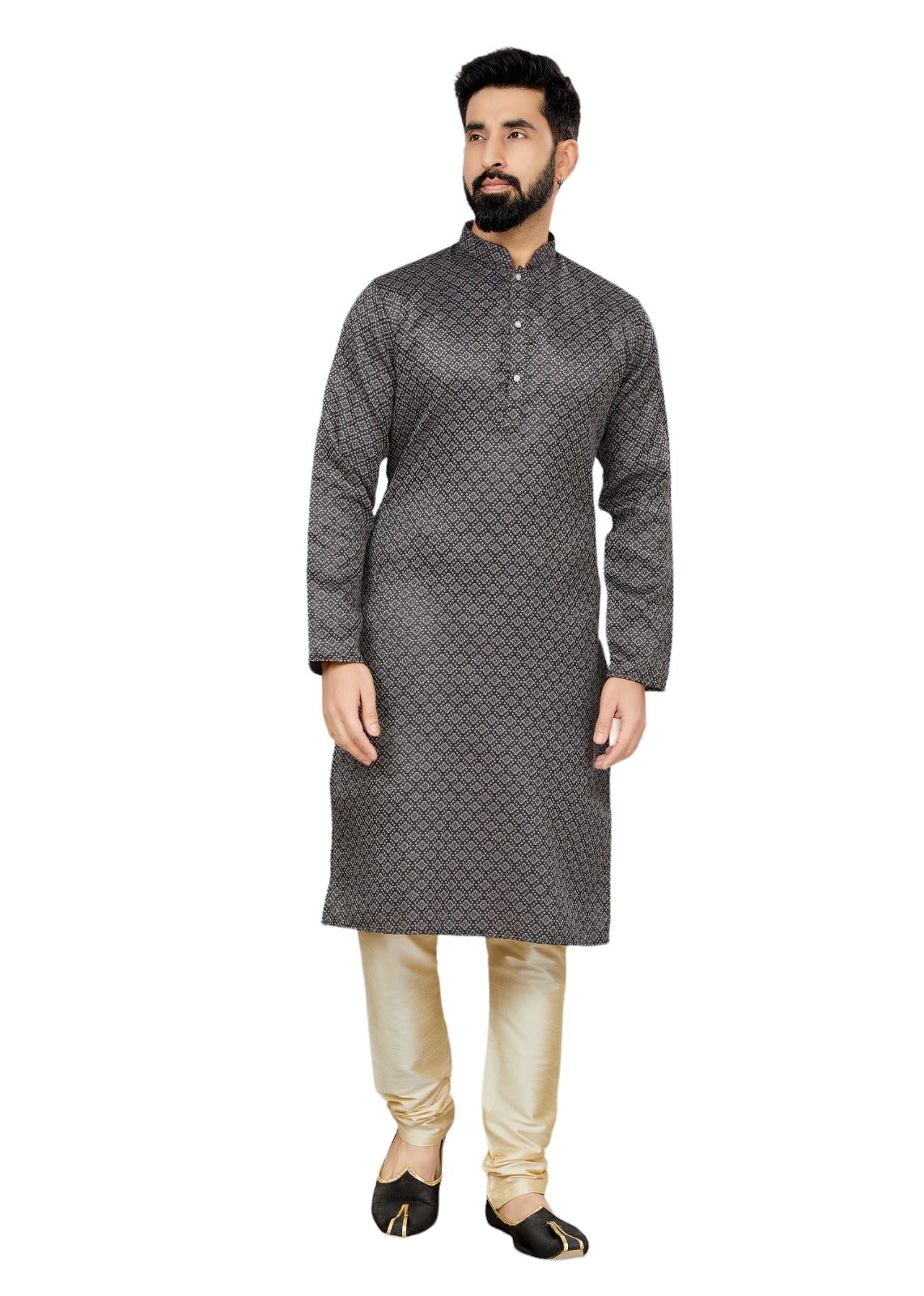 Traditional black jacquard men's kurta and pajama set from Saree Ghor Charlotte, showcasing intricate ethnic wear design.