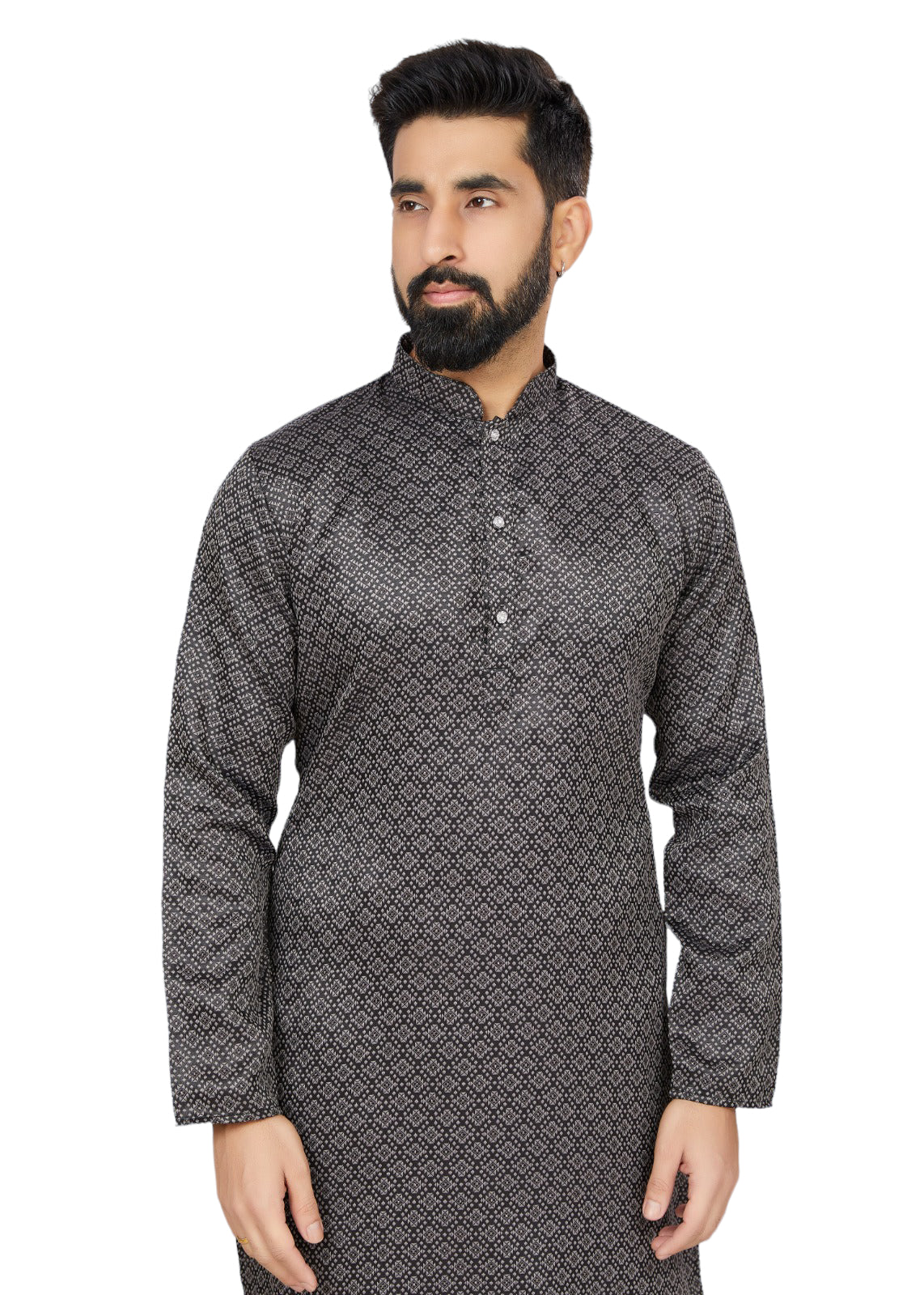 Traditional black jacquard men's kurta pajama set by Saree Ghor Charlotte, showcasing intricate ethnic design and classic style.