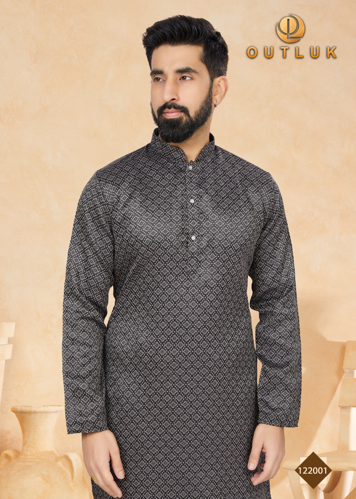 Traditional black jacquard men's kurta and pajama set from Saree Ghor Charlotte, showcasing intricate ethnic design.