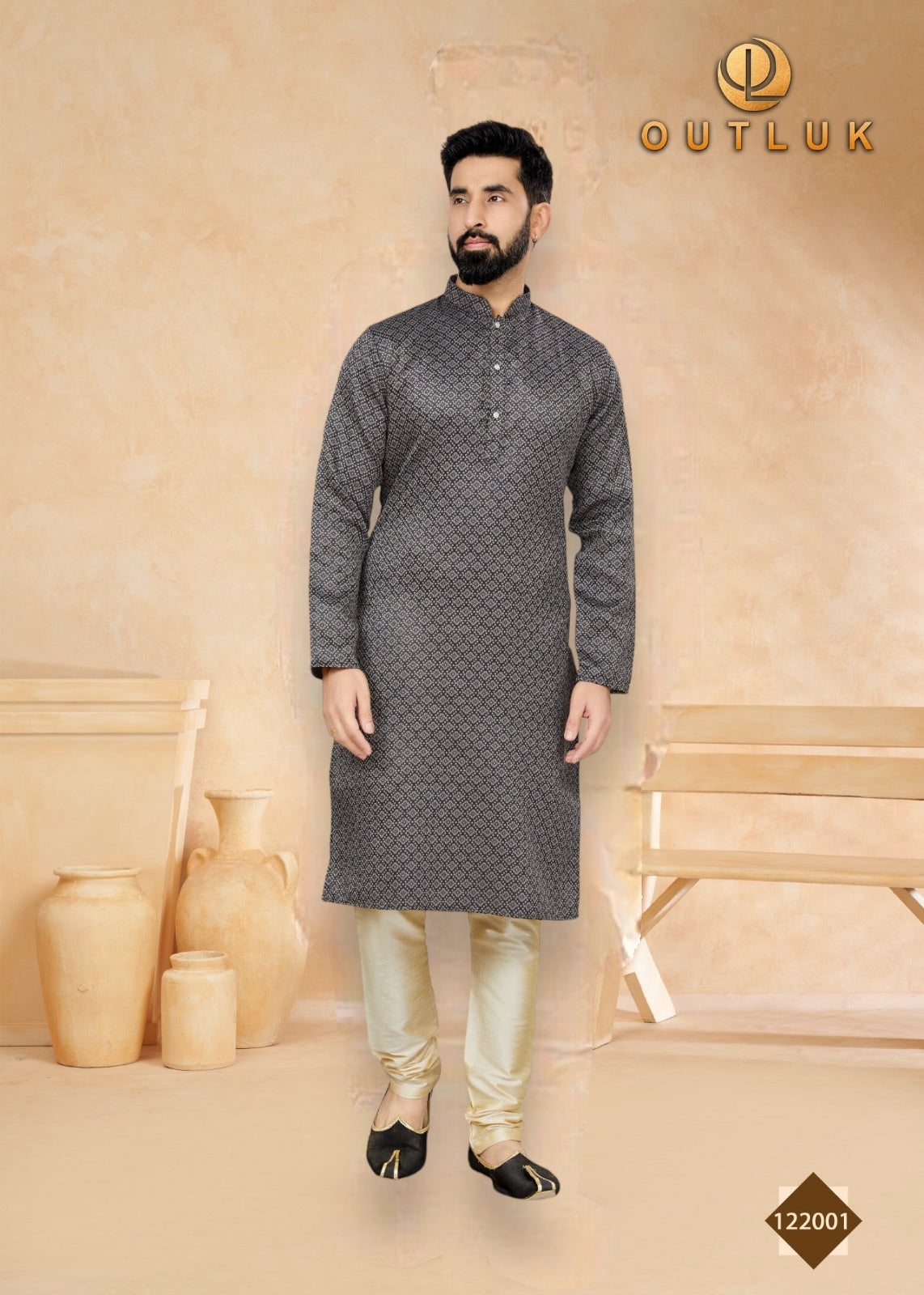 Traditional black jacquard men's kurta pajama set by Saree Ghor Charlotte, showcasing intricate ethnic design and comfortable fit.