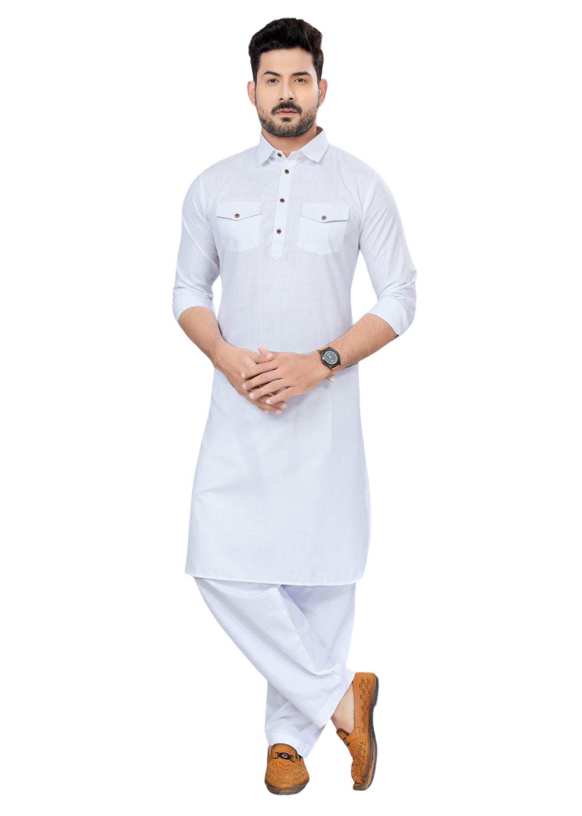 Traditional white Pathani cotton kurta and pajama outfit for men by Saree Ghor Charlotte, showcasing ethnic cultural wear.