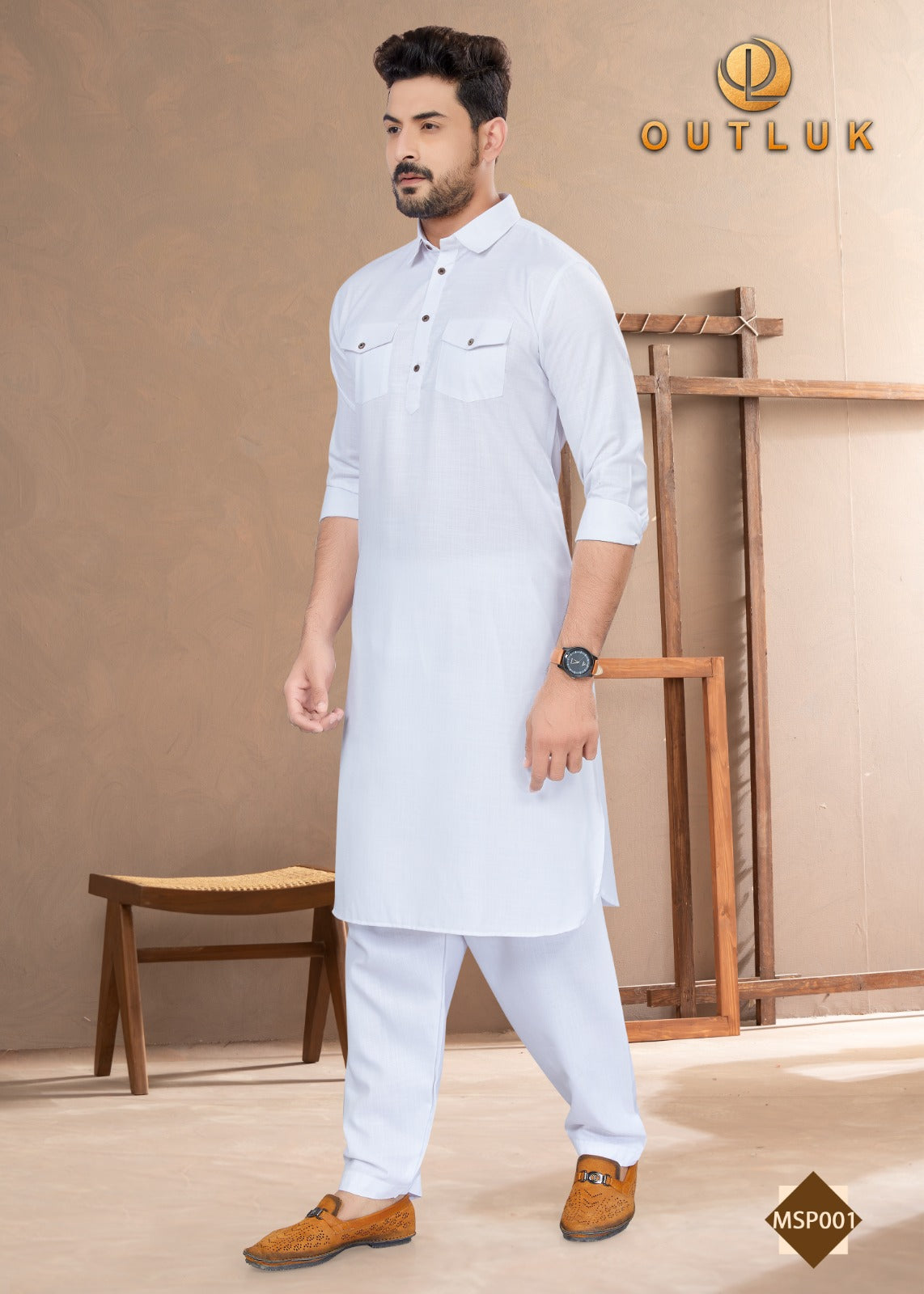 White cotton Pathani Kurta and Pajama set for men, traditional ethnic wear by Saree Ghor Charlotte, featuring classic design.