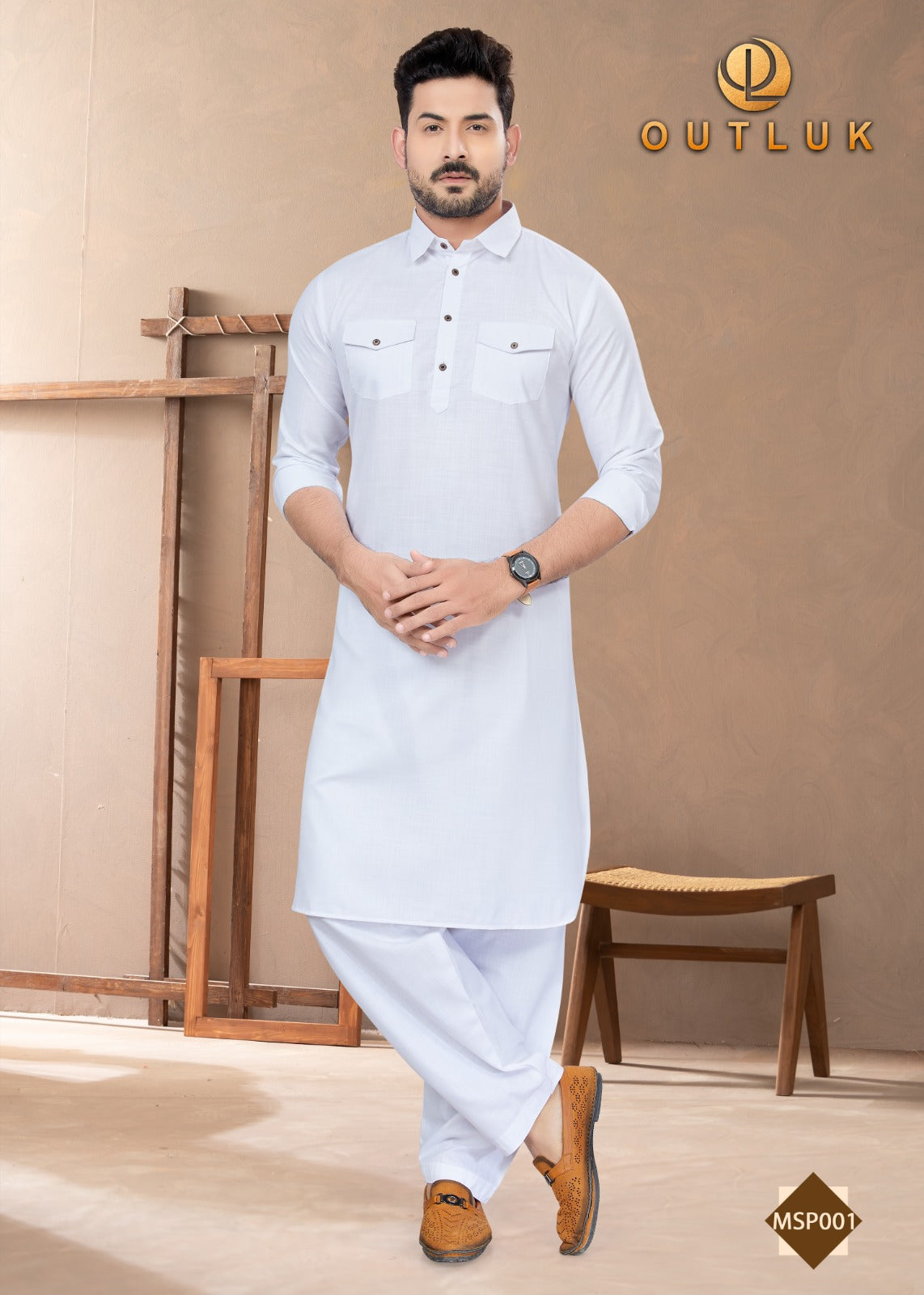 White cotton men's Pathani kurta and pajama set by Saree Ghor Charlotte, traditional ethnic wear for men.