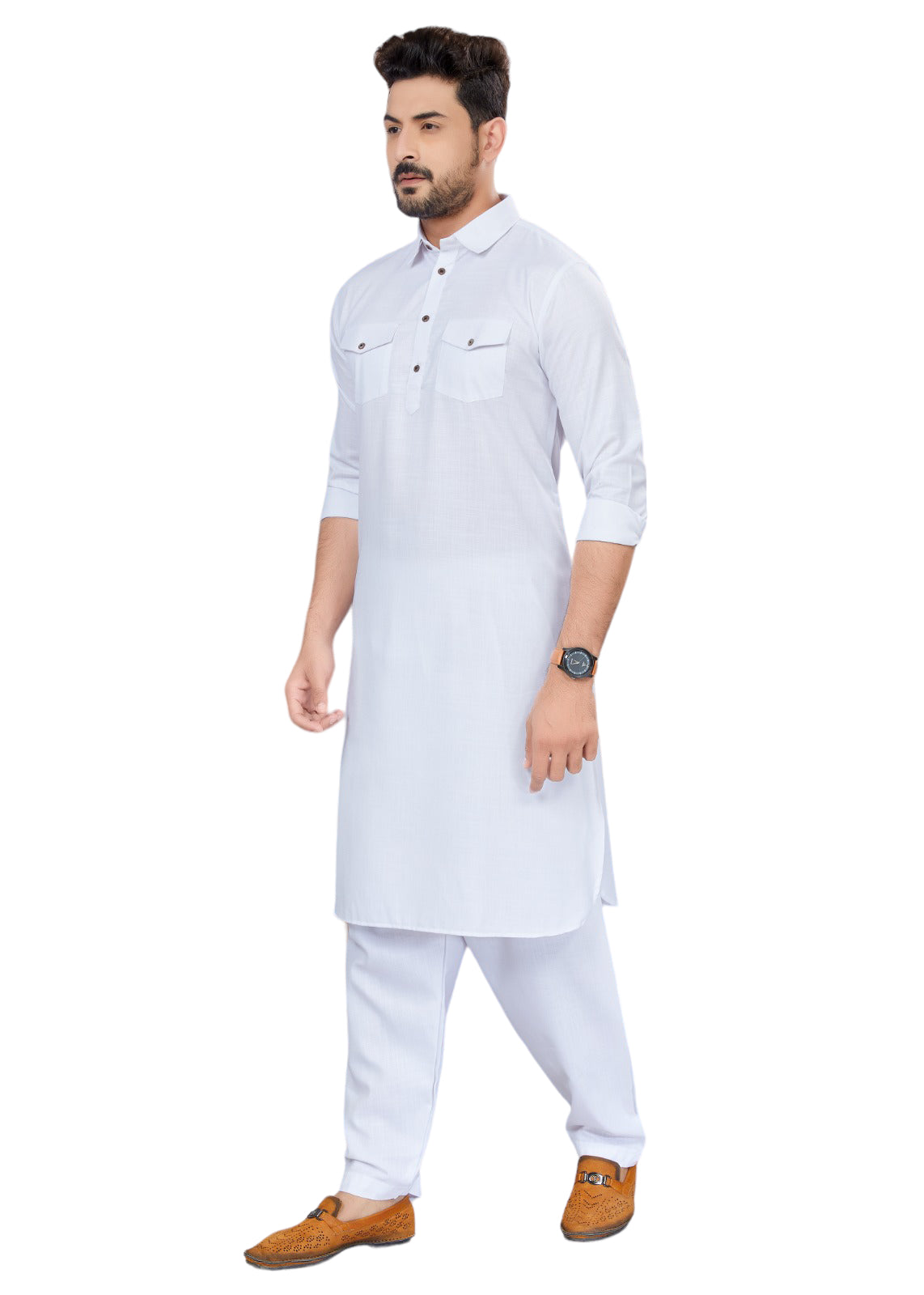 Traditional white Pathani cotton kurta and pajama set for men, ethnic wear by Saree Ghor Charlotte with simple, classic design.