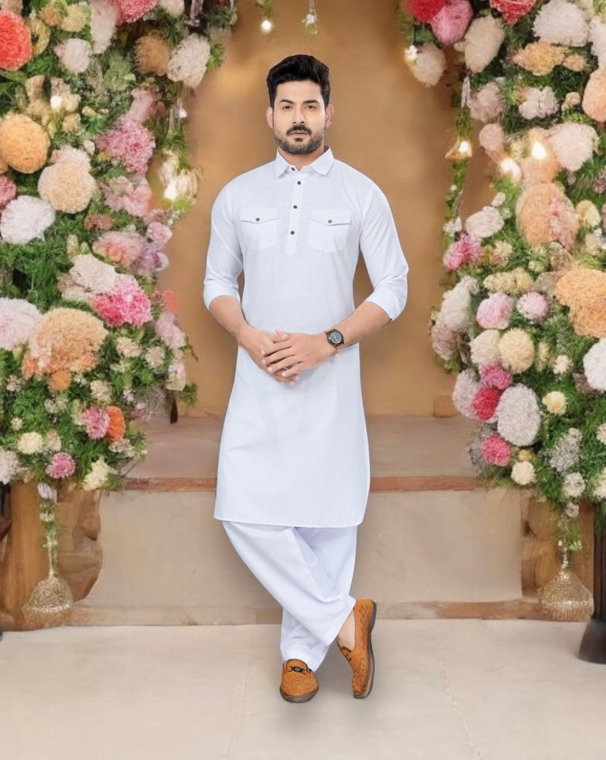 Traditional white Pathani cotton kurta for men, with matching pajama, from Saree Ghor Charlotte, showcasing ethnic mens wear.