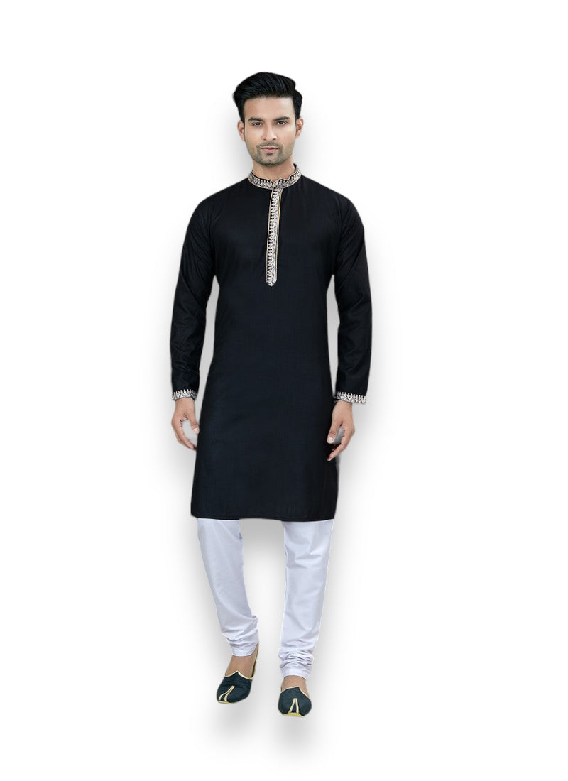 Black Outluk Vol 53 men's cotton kurta pajama by Saree Ghor Charlotte, traditional festive wear for men.