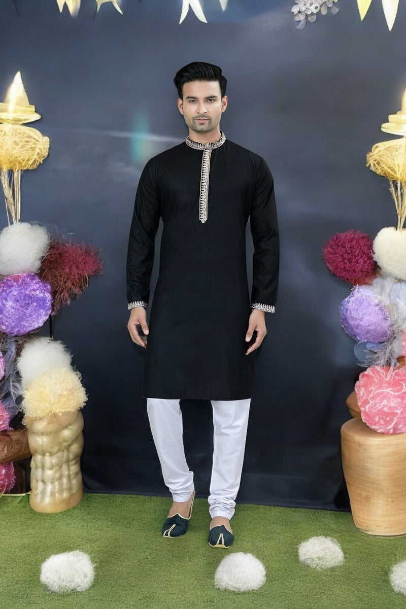 Black Outluk Vol 53 men's cotton kurta pajama from Saree Ghor Charlotte, traditional festive wear for men.