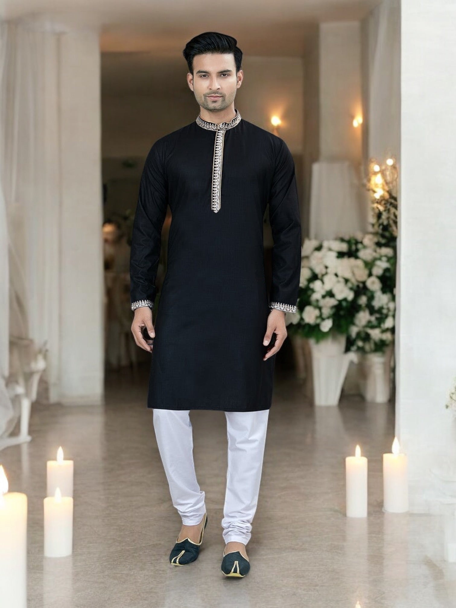 Black Outluk Vol 53 men's cotton kurta pajama by Saree Ghor Charlotte, festive designer ethnic wear for men.