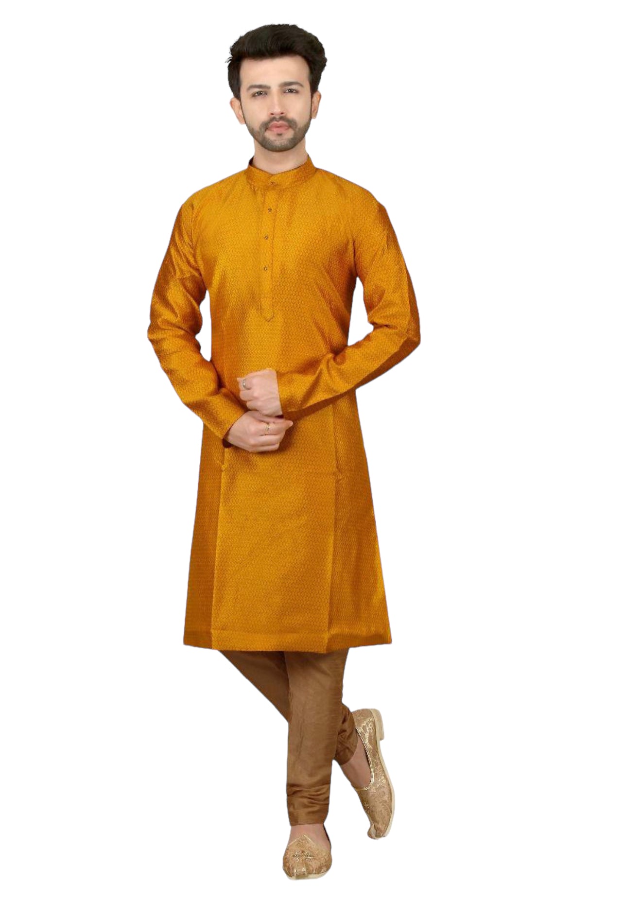 Elegant men's silk kurta with matching pants from Saree Ghor Charlotte, traditional ethnic wear for men in stylish design.