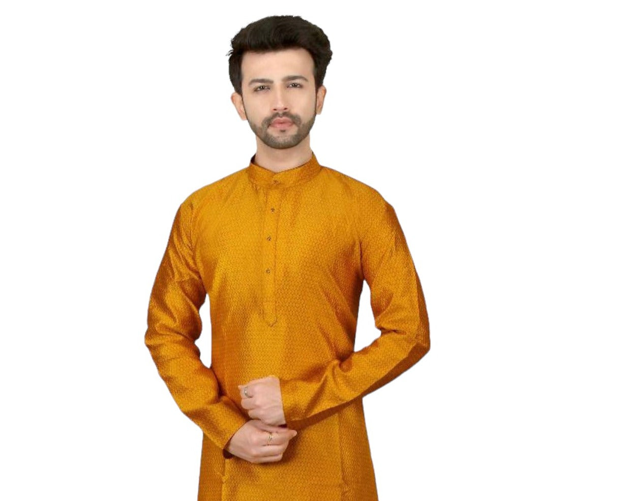 Elegant men's silk kurta with matching pants from Saree Ghor Charlotte, showcasing traditional ethnic wear in a rich fabric.
