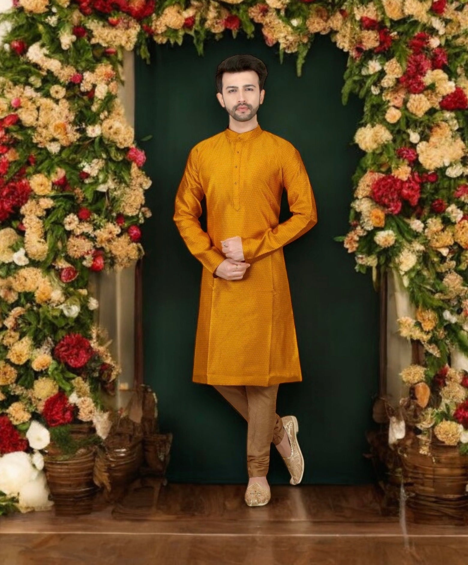 Elegant men's silk kurta with matching pants from Saree Ghor Charlotte, showcasing intricate embroidery and traditional style.
