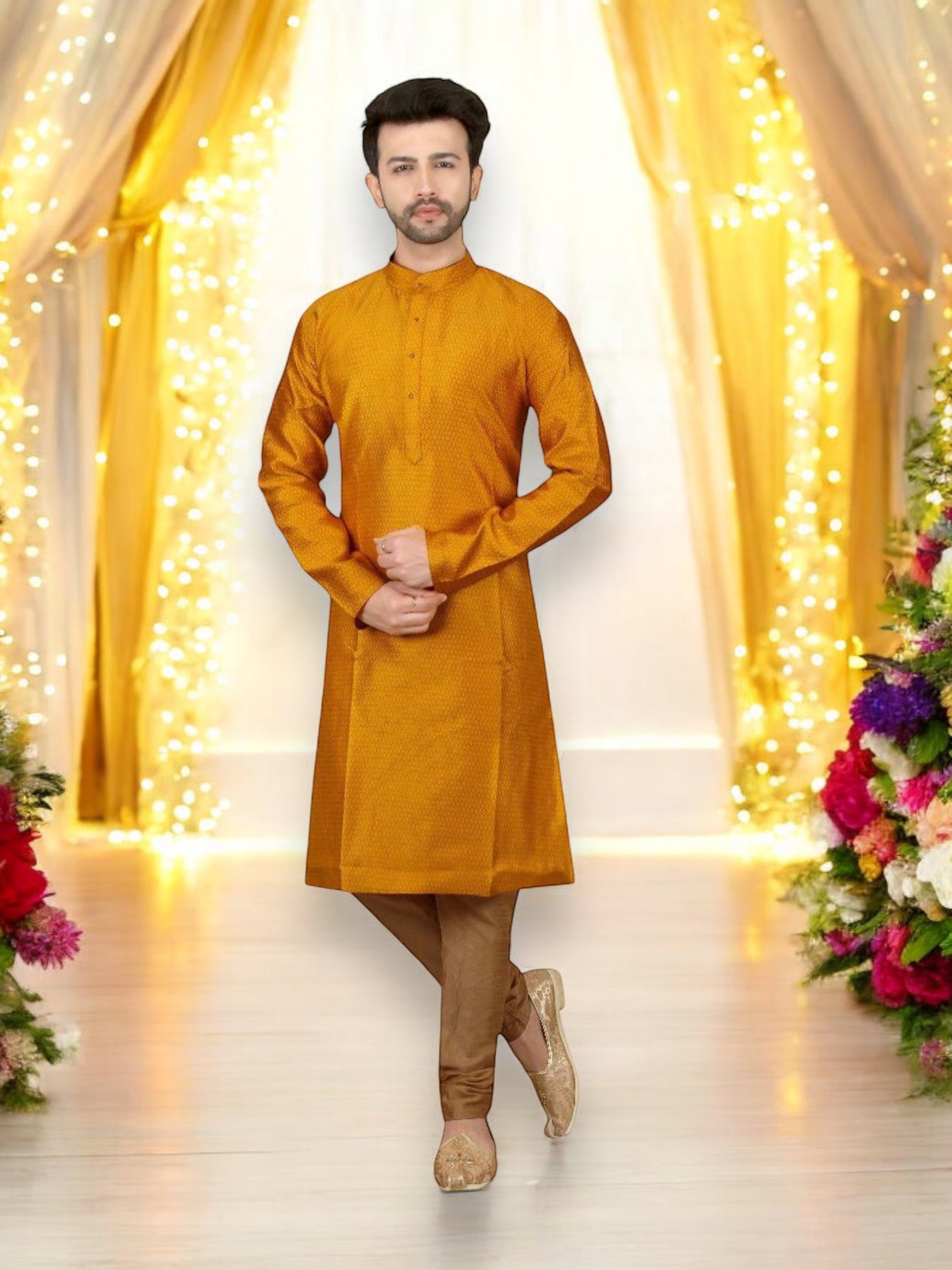 Elegant men's silk kurta with matching pants, in a classic design, from Saree Ghor Charlotte, perfect for cultural and ethnic wear.