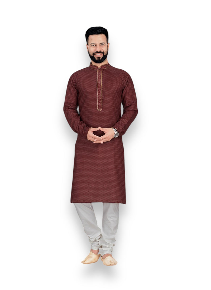 Maroon digital print cotton men's kurta pajama set by Saree Ghor Charlotte, traditional ethnic wear for men.