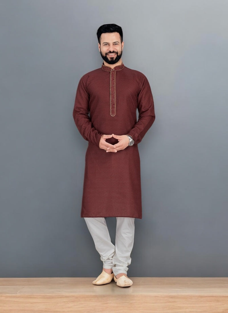 Maroon digital print cotton men's kurta and pajama set by Saree Ghor Charlotte, traditional ethnic wear for men.