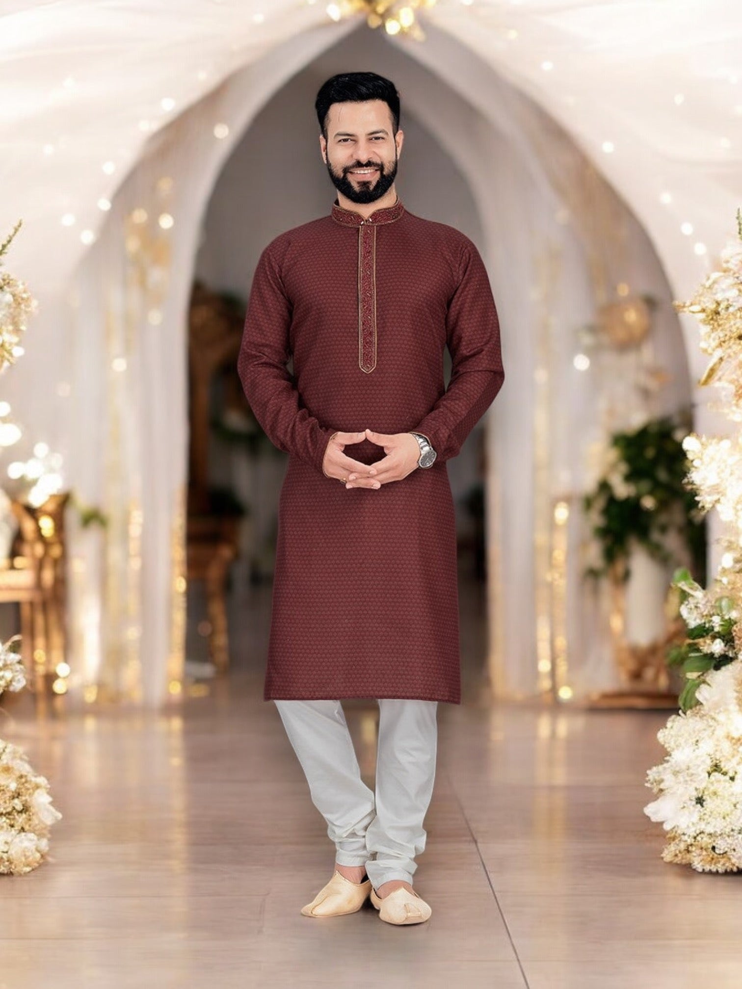 Maroon digital print cotton men's kurta pajama set with traditional design, from Saree Ghor Charlotte, suitable for cultural wear.