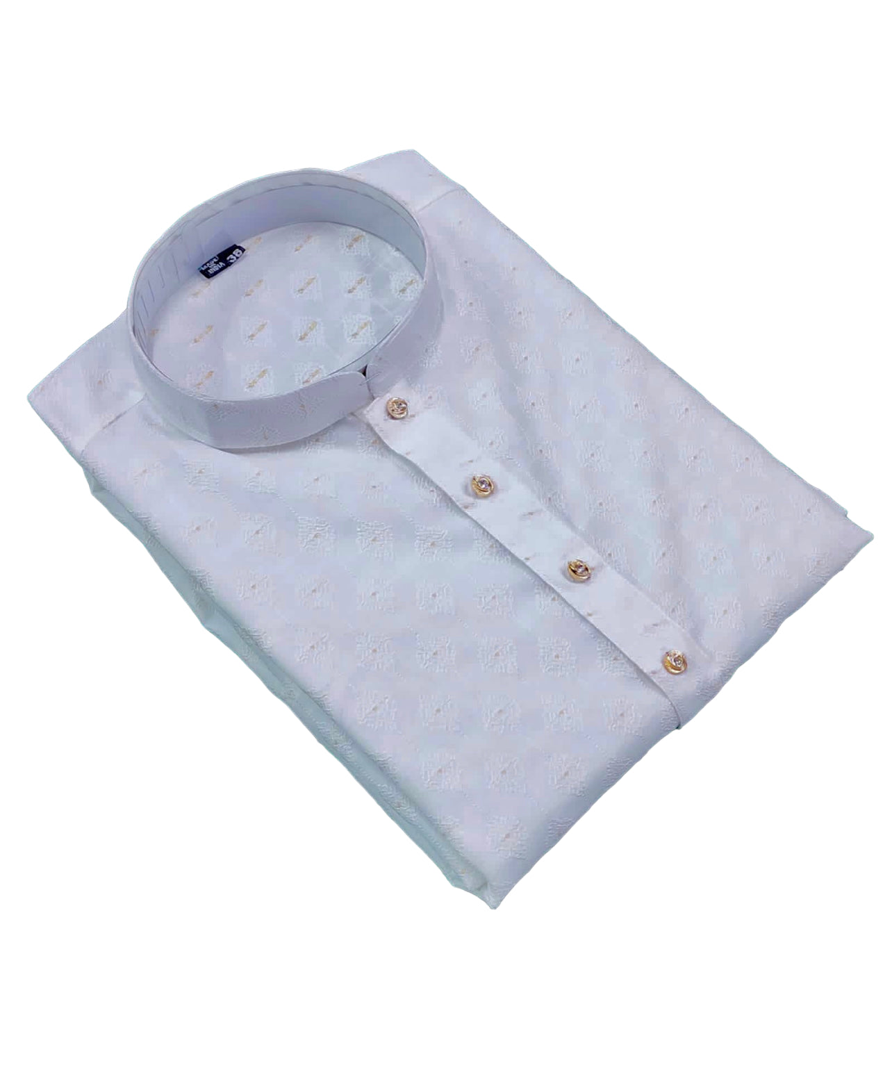 Men's traditional white silk kurta with matching pants by Saree Ghor Charlotte, showcasing elegant embroidery and classic design.