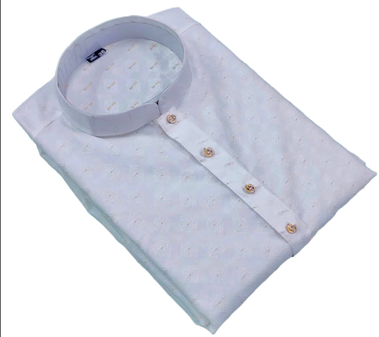 Men's traditional white silk kurta with matching pants by Saree Ghor Charlotte, featuring intricate design details.