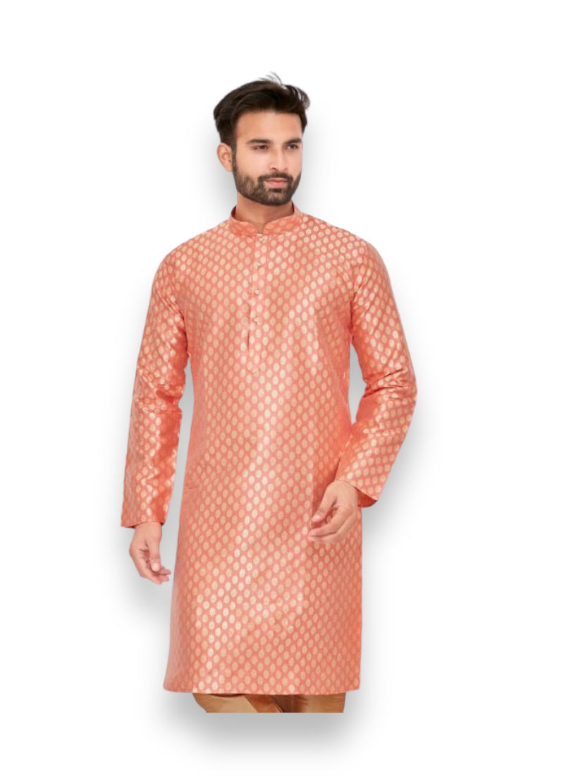Pink men's traditional silk kurta pajama set by Saree Ghor Charlotte, featuring intricate design and comfortable fit.