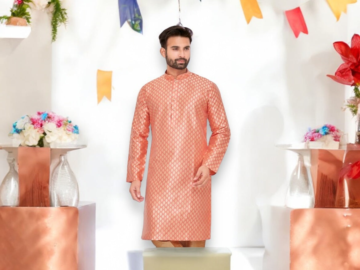Pink men's traditional silk kurta and pajama set by Saree Ghor Charlotte, featuring elegant fabric and classic design.