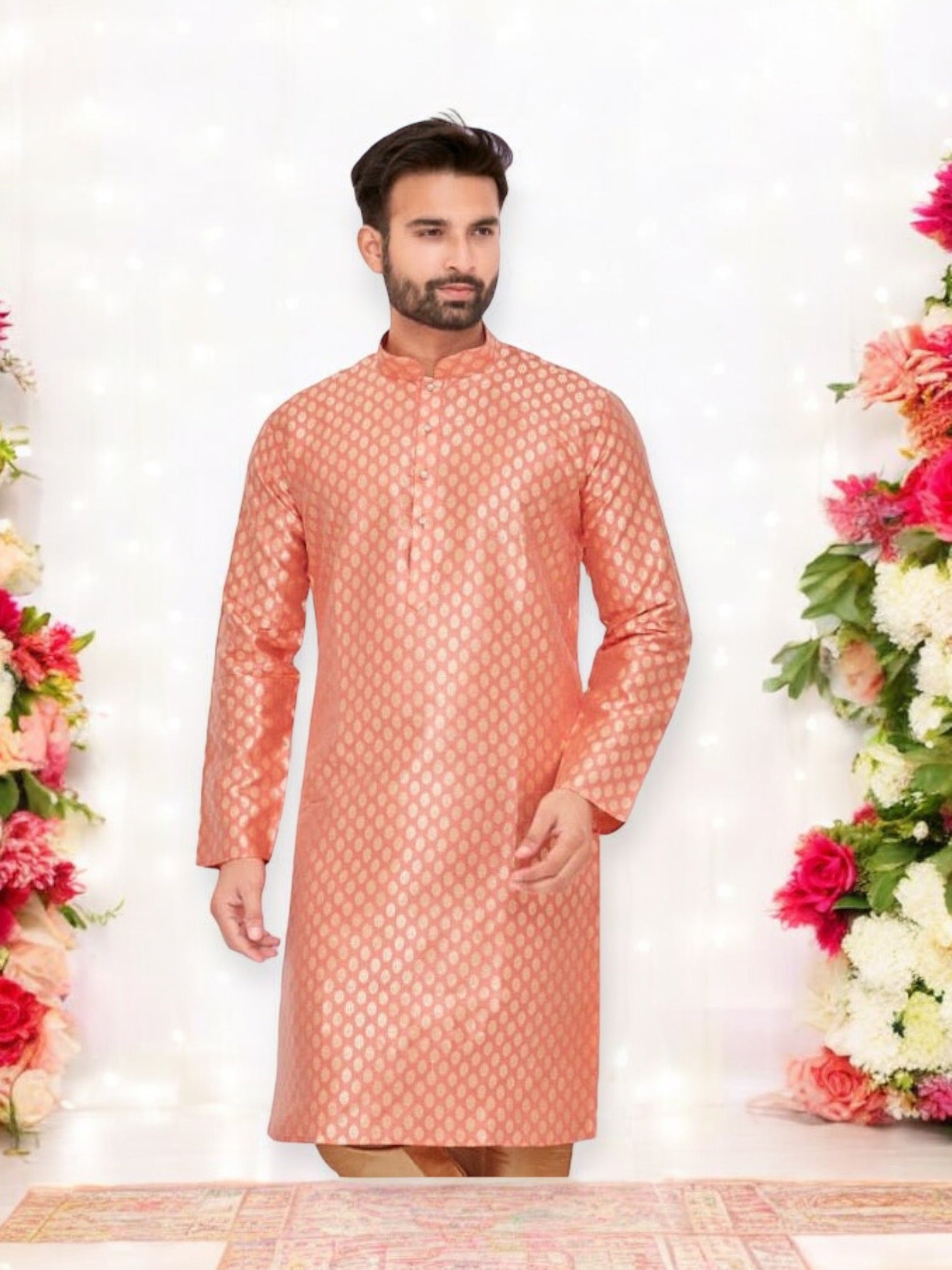 Pink men's traditional silk Kurta Pajama set by Saree Ghor Charlotte, featuring intricate embroidery and classic design.