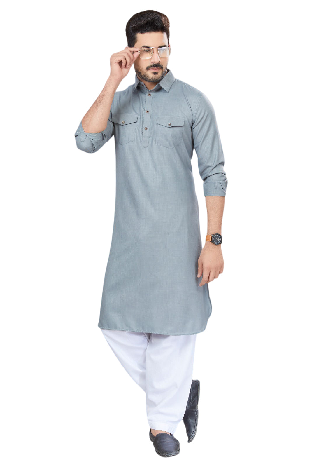 Traditional gray Pathani cotton kurta and pajama outfit for men, showcased in this image from Saree Ghor Charlotte.