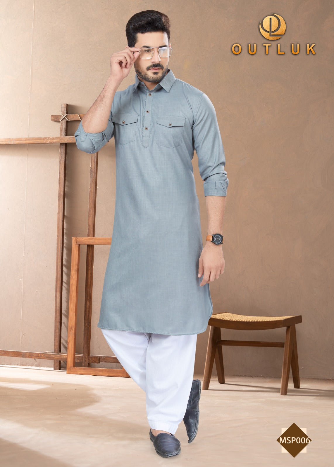 Traditional gray Pathani cotton kurta and pajama set for men by Saree Ghor Charlotte, showcasing ethnic wear with intricate details.