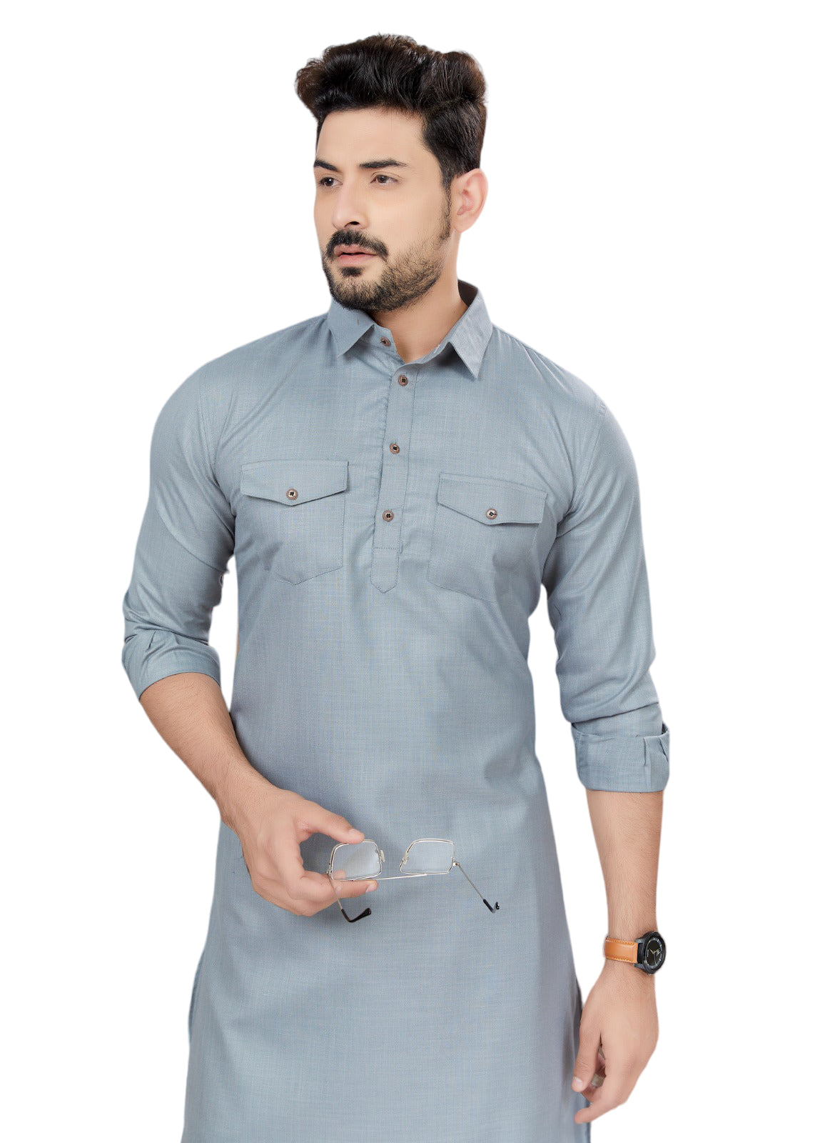 Traditional gray Pathani cotton kurta and pajama set for men, ethnic wear by Saree Ghor Charlotte.