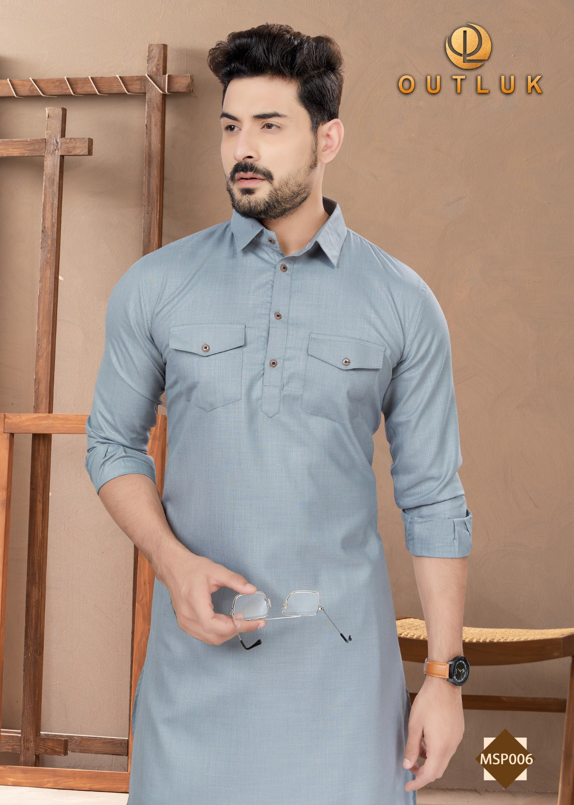 Traditional gray Pathani cotton kurta and pajama for men, ethnic wear by Saree Ghor Charlotte, casual cultural outfit.