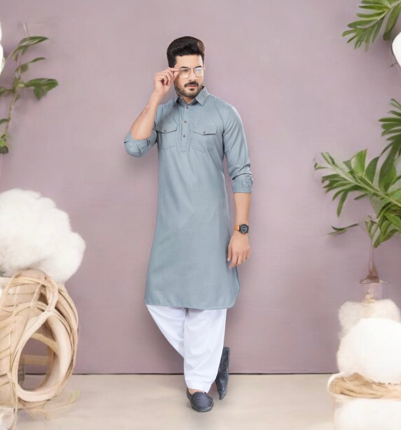 Traditional gray Pathani cotton kurta and pajama set for men by Saree Ghor Charlotte, ethnic wear for special occasions.