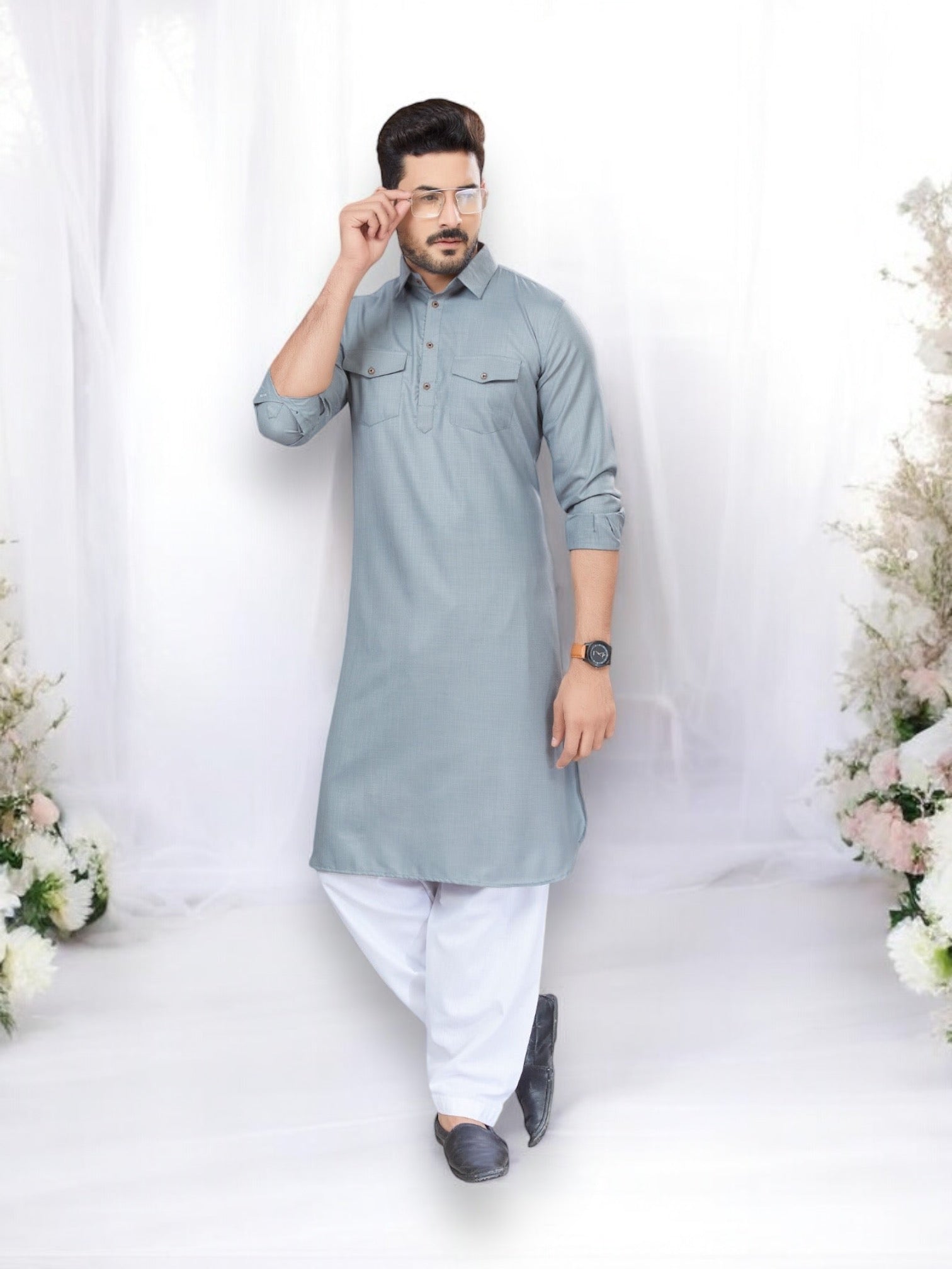 Traditional gray Pathani cotton kurta and pajama for men, ethnic wear by Saree Ghor Charlotte, showcasing a classic cultural outfit.