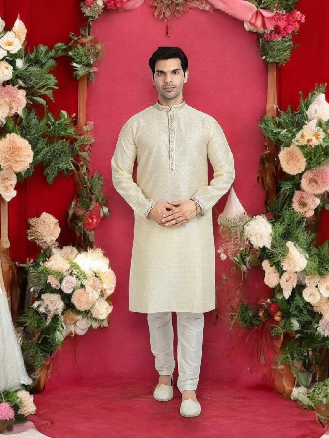 Cream-colored traditional Jacquard silk men's Kurta Pajama with detailed ethnic design, ideal for cultural wear by Saree Ghor Charlotte.