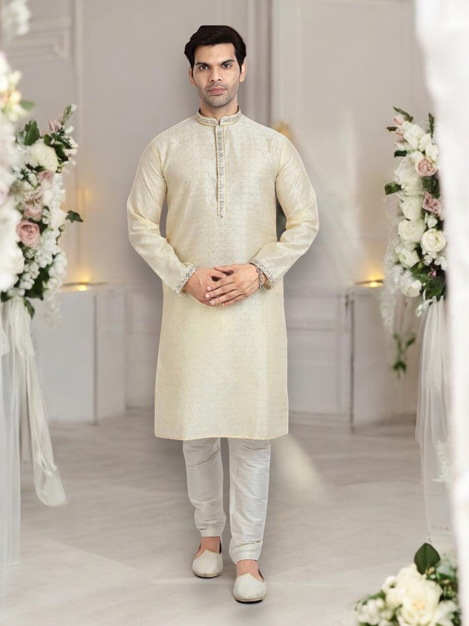 Cream-colored traditional silk kurta pajama for men, featuring intricate jacquard design, by Saree Ghor Charlotte.