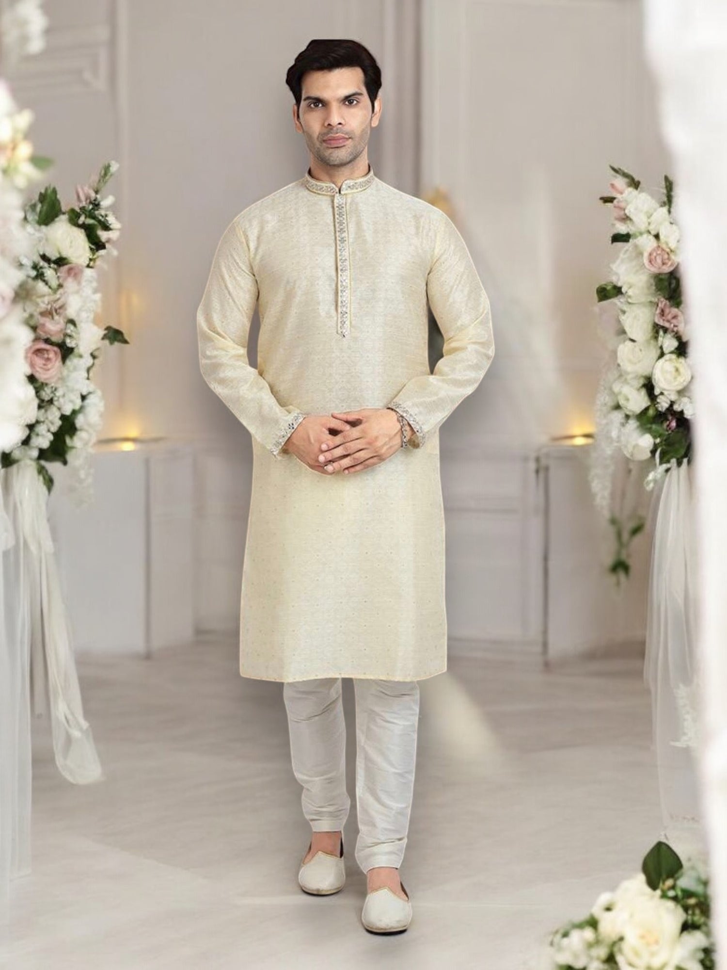 Cream Color Traditional Jacquard Silk Kurta Pajama– Ethnic Wear for Men - Saree Ghor Charlotte