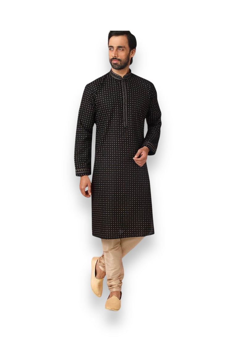 Black cotton men's kurta with matching pajama set, traditional ethnic wear by Saree Ghor Charlotte, casual cultural attire for men