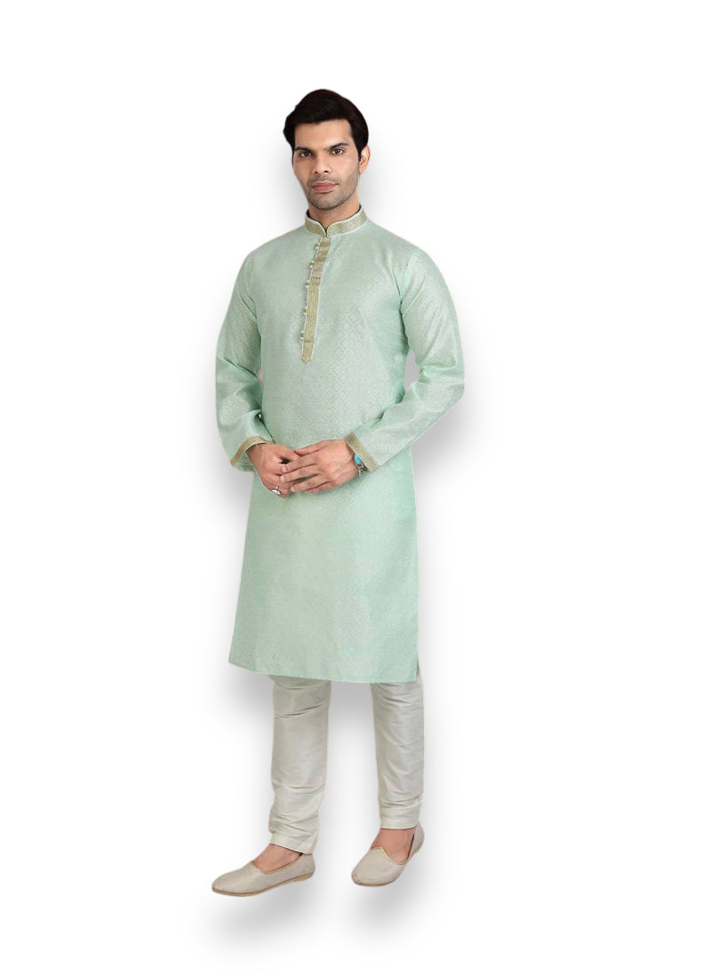 Traditional men's Jacquard silk Kurta Pajama by Saree Ghor Charlotte with intricate embroidery and classic ethnic design.