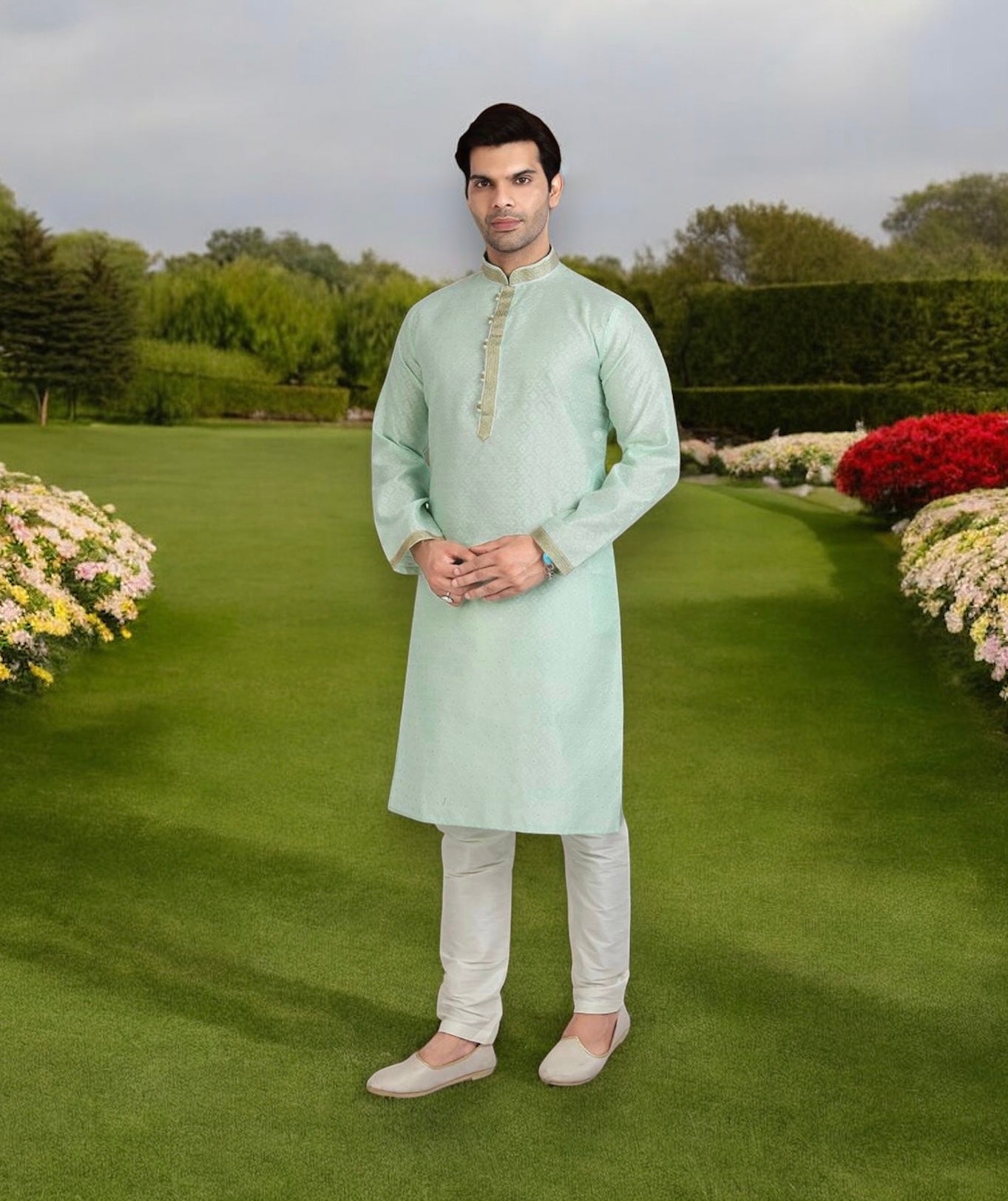 Mens traditional Jacquard silk Kurta Pajama by Saree Ghor Charlotte, featuring intricate patterns and a classic ethnic wear style.