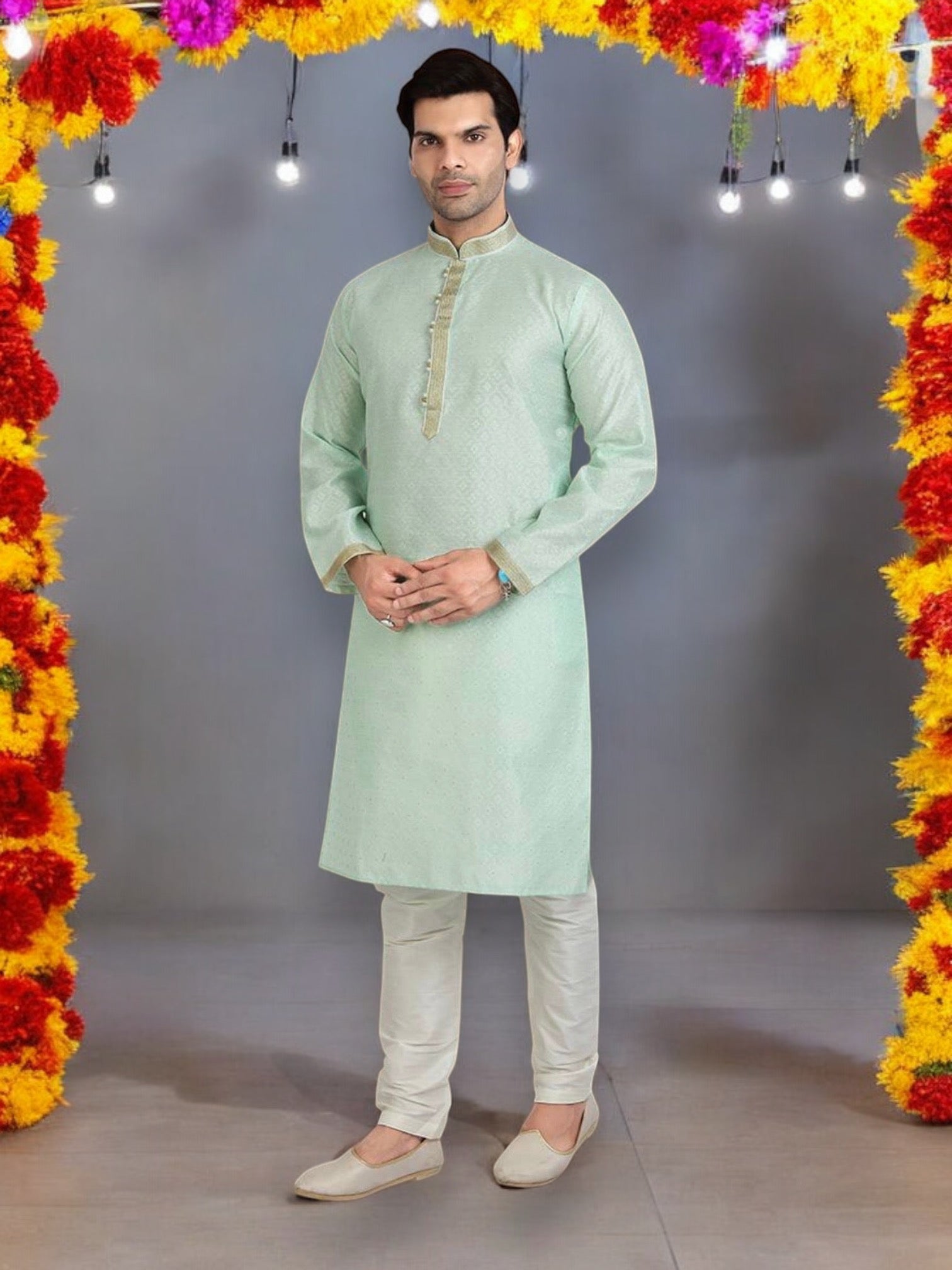 Elegant men's Jacquard silk Kurta Pajama in traditional style with intricate patterns, by Saree Ghor Charlotte.