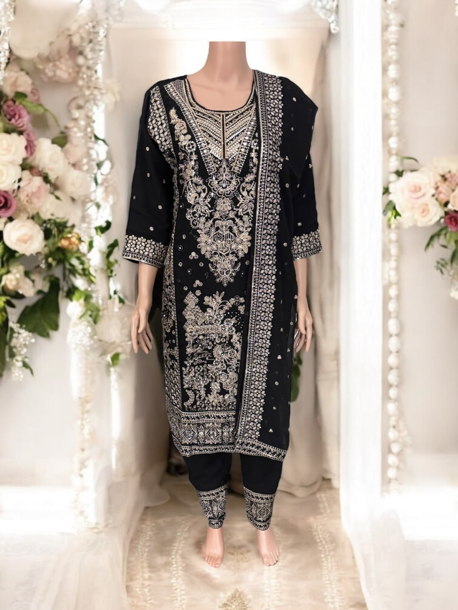 Black traditional designer Salwar Kameez suit by Saree Ghor Charlotte, showcasing intricate ethnic embroidery for women.