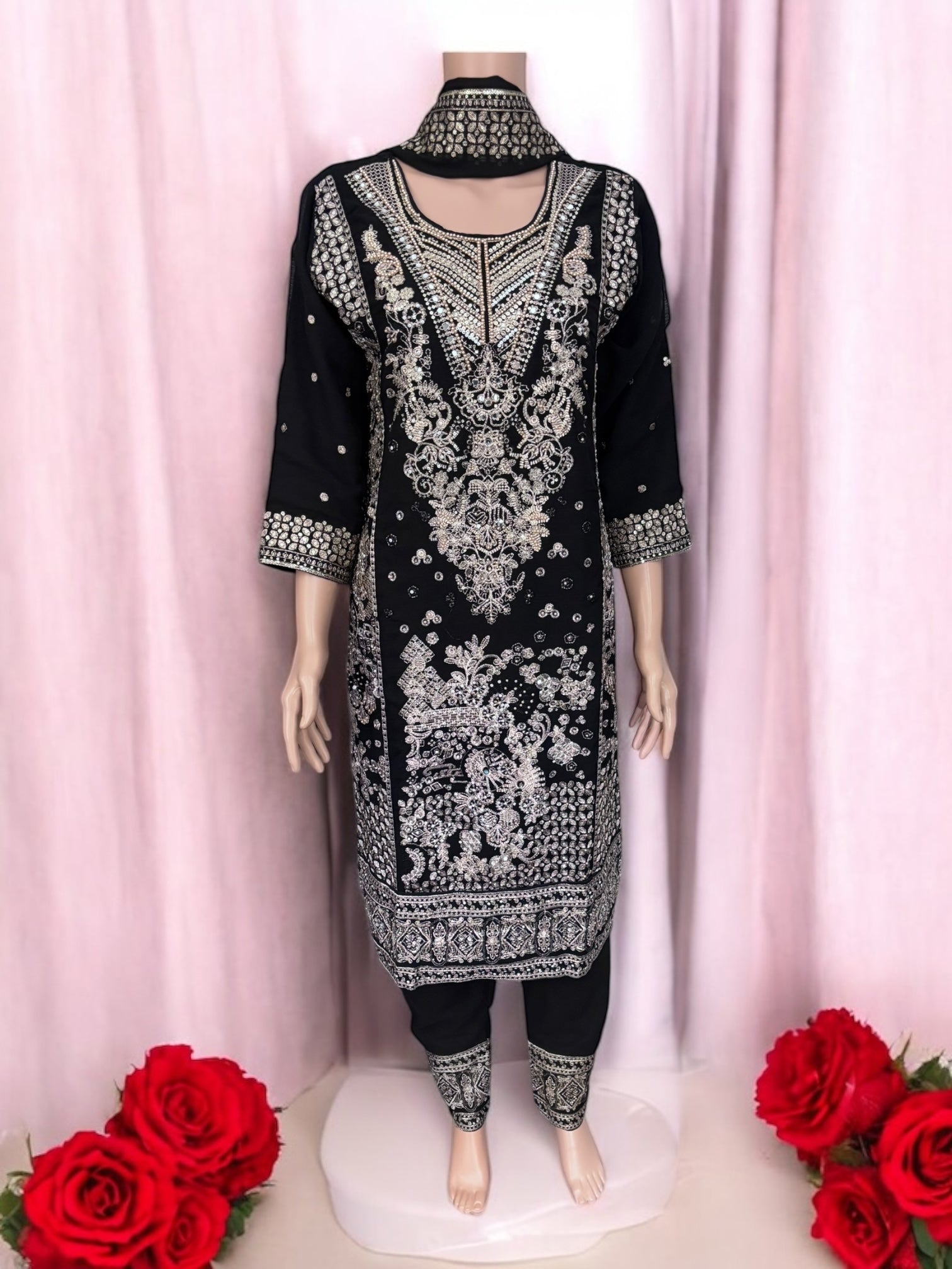 Black traditional designer Salwar Kameez suit by Saree Ghor Charlotte, featuring elegant ethnic wear for women.