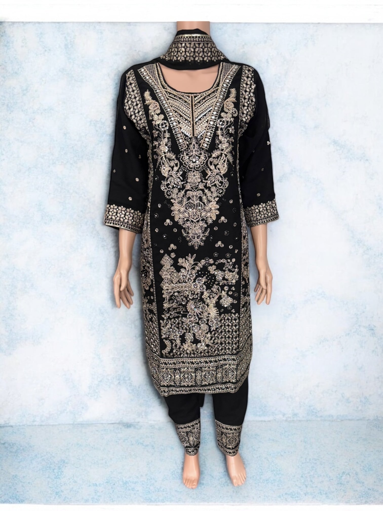 Black traditional designer Salwar Kameez suit by Saree Ghor Charlotte, showcasing intricate ethnic embroidery for women.