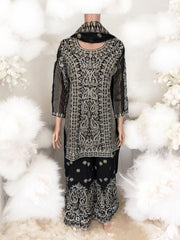 Black traditional designer Sharara Salwar Kameez suit by Saree Ghor Charlotte, with intricate embroidery and ethnic style for women.