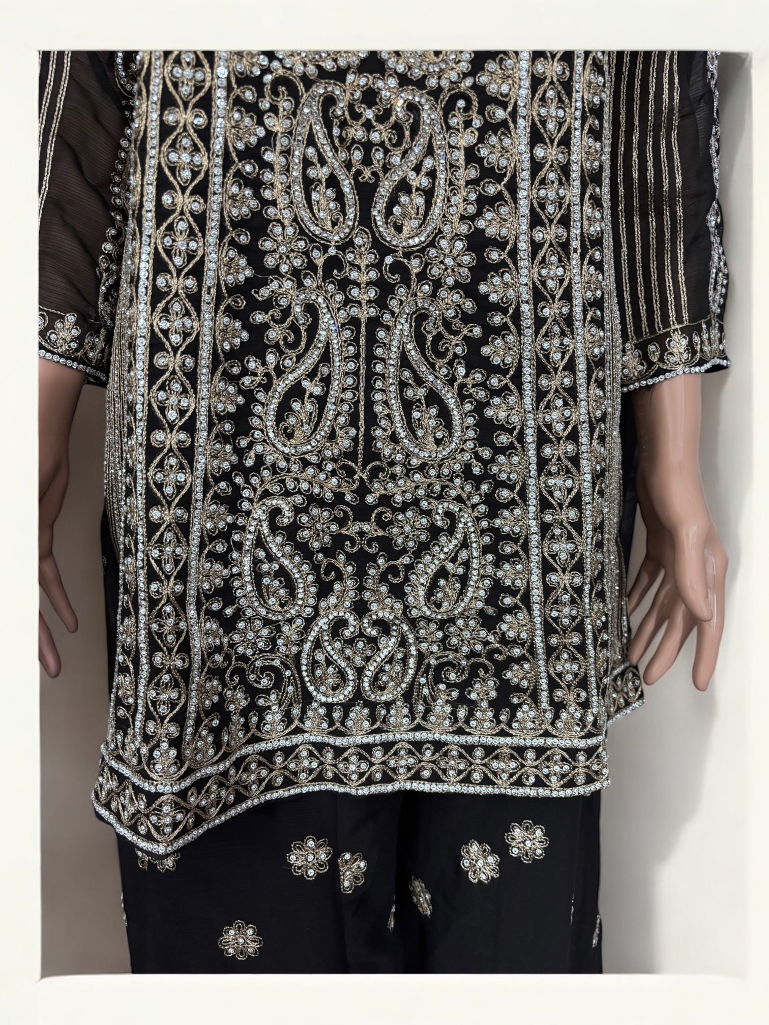 Black traditional designer Sharara Salwar Kameez suit for women, elegant ethnic wear by Saree Ghor Charlotte.