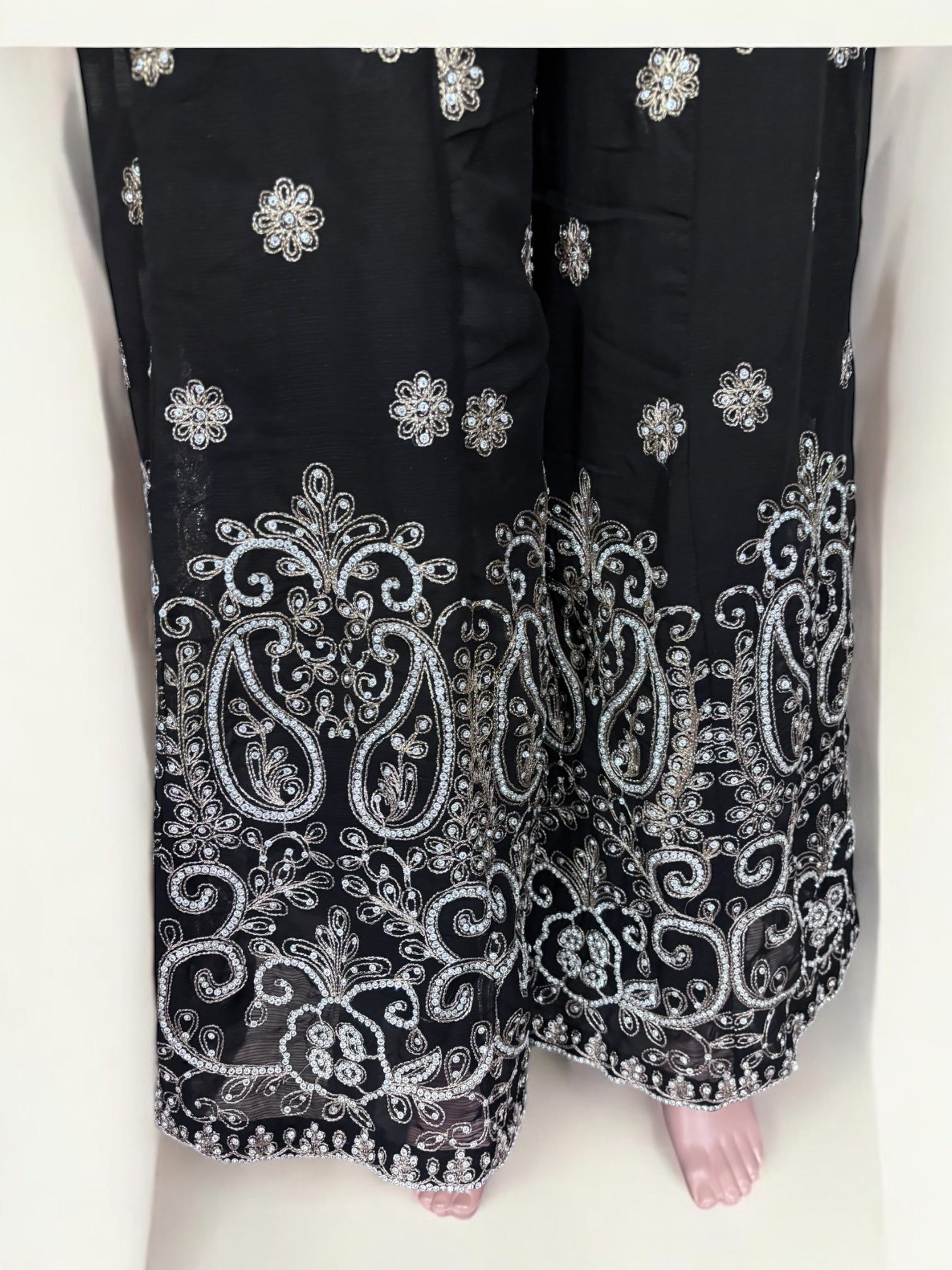 Black traditional designer Sharara Salwar Kameez suit for women, ethnic wear by Saree Ghor Charlotte with intricate detailing.