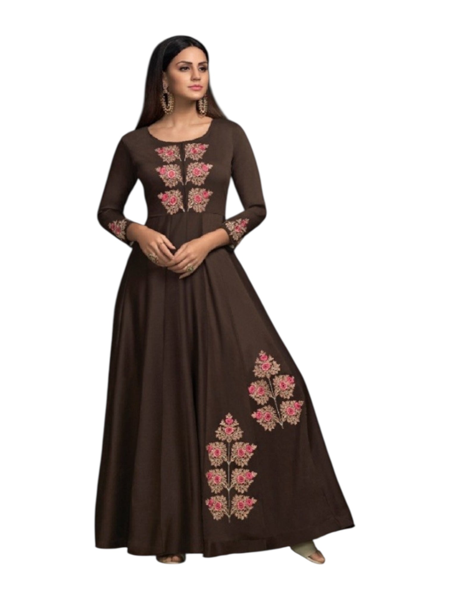 Brown Masleen traditional designer salwar kameez gown for women, ethnic wear by Saree Ghor Charlotte.