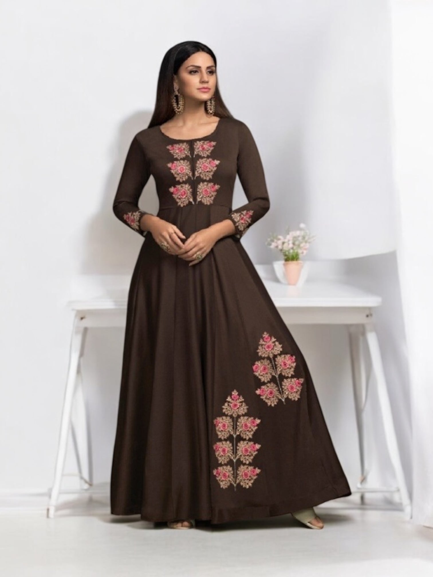 Brown Masleen traditional designer salwar kameez by Saree Ghor Charlotte, showcasing intricate ethnic embroidery for women.