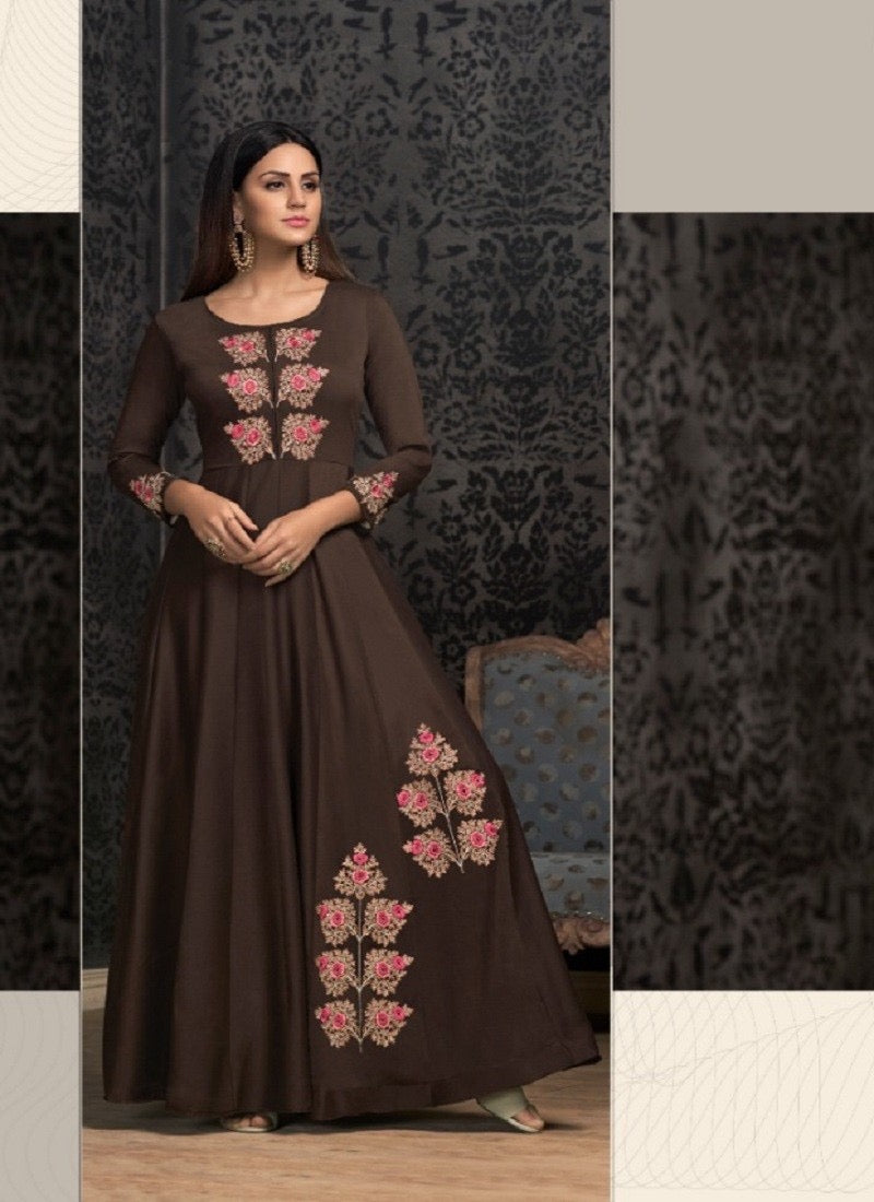 Brown Masleen traditional designer salwar kameez for women by Saree Ghor Charlotte, showcasing intricate ethnic embroidery.